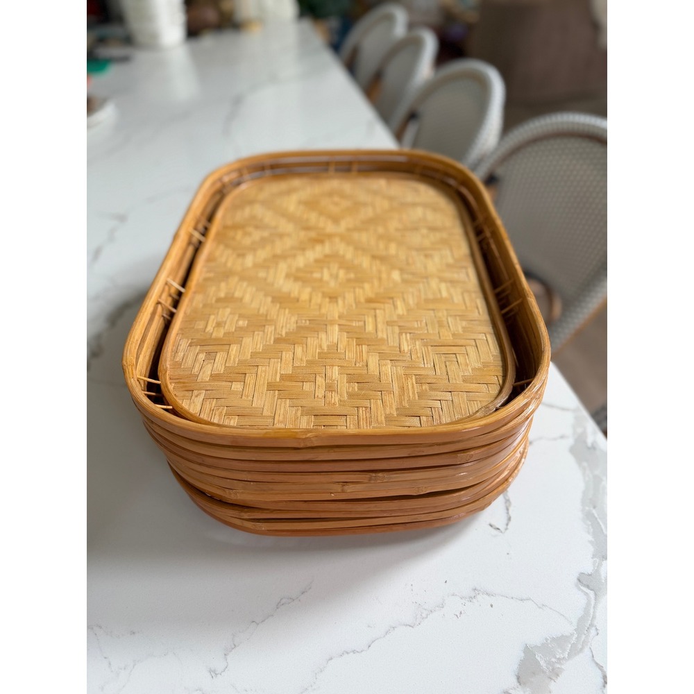 Set 10 Woven Bamboo Trays Natural Geometric Diamond Pattern Boho Serving Decor - Picture 10 of 10